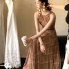 French Retro Sleeveless Plaid Maxi Dress - Elegant Design with Unique Waist-Cinching Style.