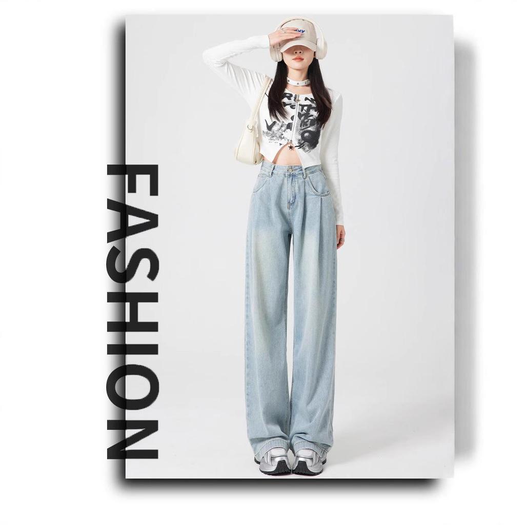 Unisex High-Waisted Light-Wash Wide-Leg Jeans: 2026 Slimming Floor-Length Autumn Style