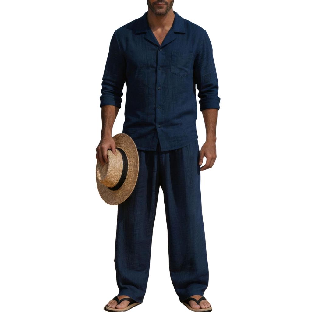Men's Linen 2-Piece Set Long Sleeve Shirt and Pants Casual Loose Fit Breathable with Pockets