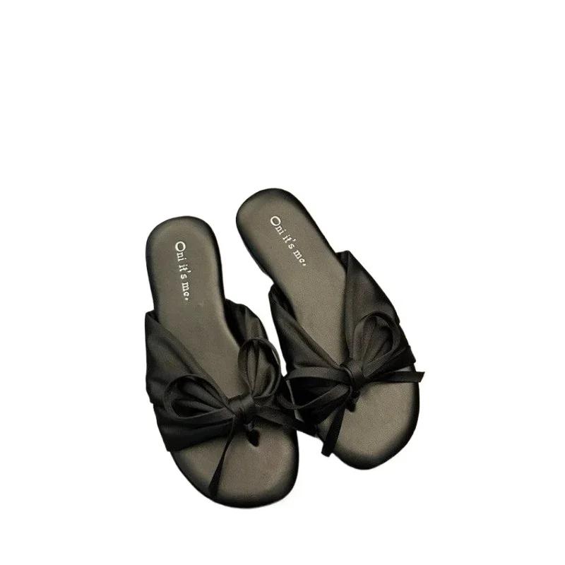 Summer New Women's Shoes 2024 Fashionable Women's Flat Shoes Solid Color Daily Style Cloth Bow Decorated Women's Slippers