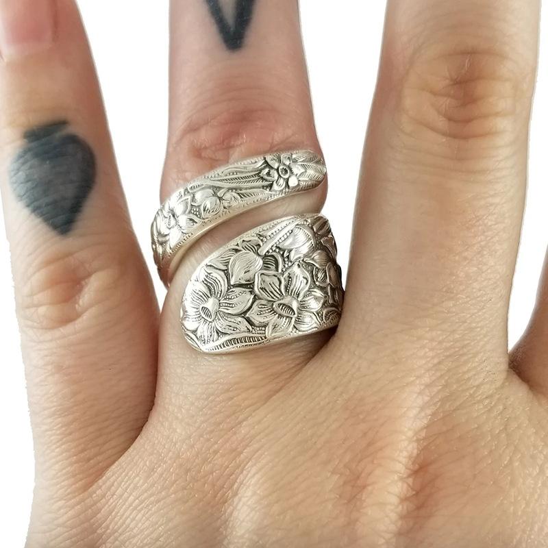 BELLA BOX Vintage tajski srebrny otwarty pierścień pierścień z lilią rzeźbiony kwiat biżuteria moda zrobić starą modną biżuterię