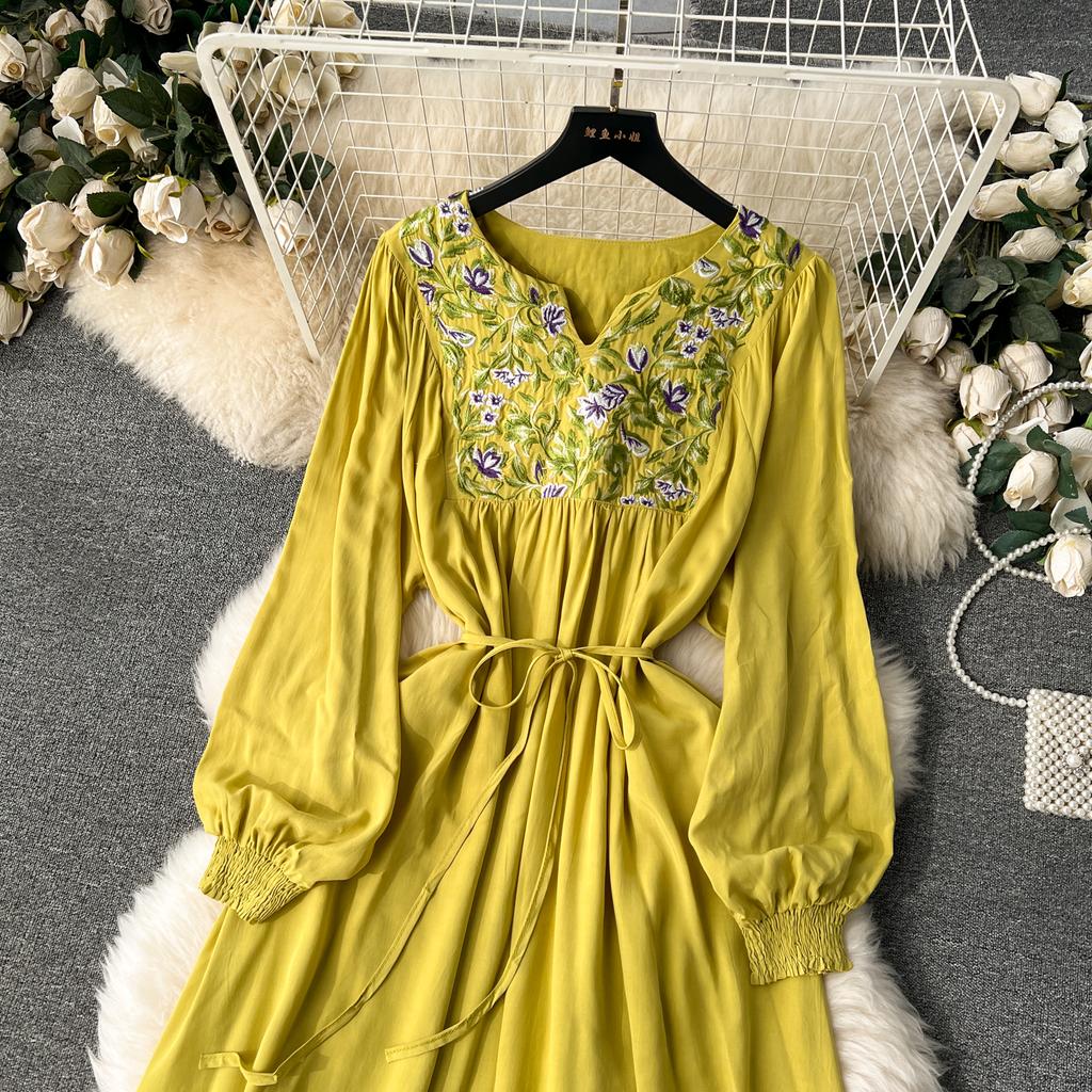 Floral κέντημα Φαρδύ μακρύ φόρεμα Γυναικείο κομψό V λαιμό μακρυμάνικο κυρίες casual φθινοπωρινά αδύναμα φορέματα διακοπών