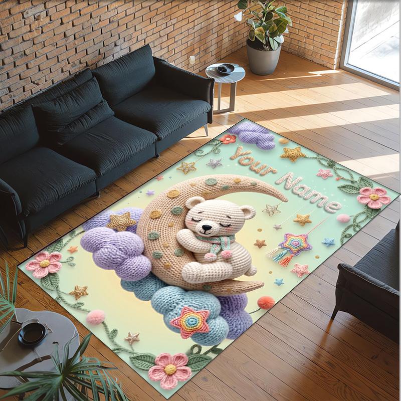 Teddy Bear Theme Crystal Velvet Rug Personalized Custom Name Text Soft Floor Mat Home Decor