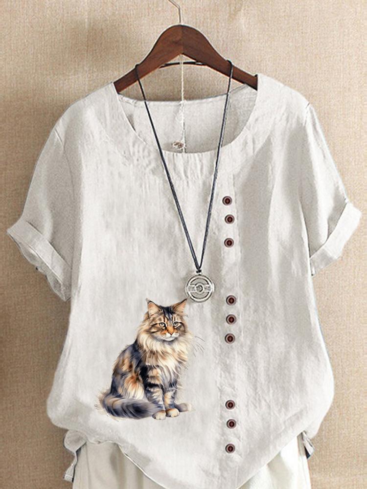 Women's Fashion Cat Print Round Neck Short Sleeve T-shirt Summer Casual Cotton Linen Graphic Shirt Leisure Loose Blouse Tops
