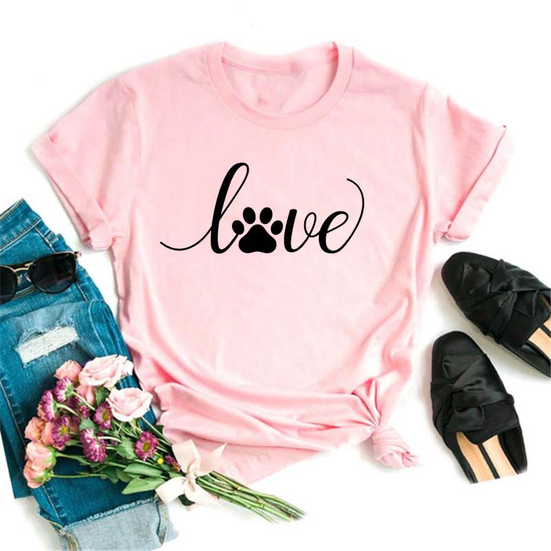 Women Dogs Paws Love Heart Printed T-shirts Fashion Summer Short Sleeve Lady Womens Clothes Tops T-Shirt Black Shirt Tees Female