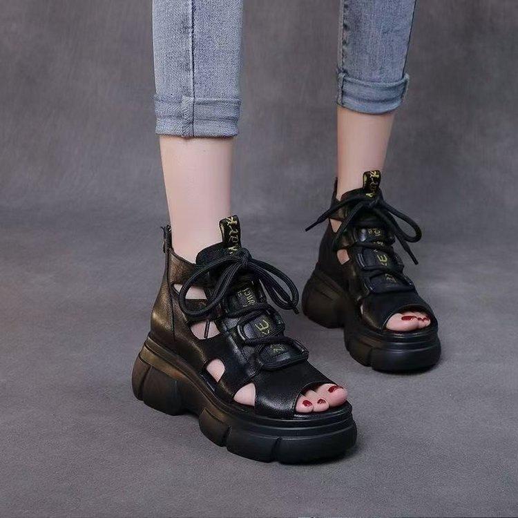Soft leather cool boots high-top platform fashion open-toed fish mouth sandals 2025 summer new retro versatile Roman shoes women