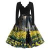 Women's Vintage Long Sleeve V-Neck Halloween Witch Print Party Dress