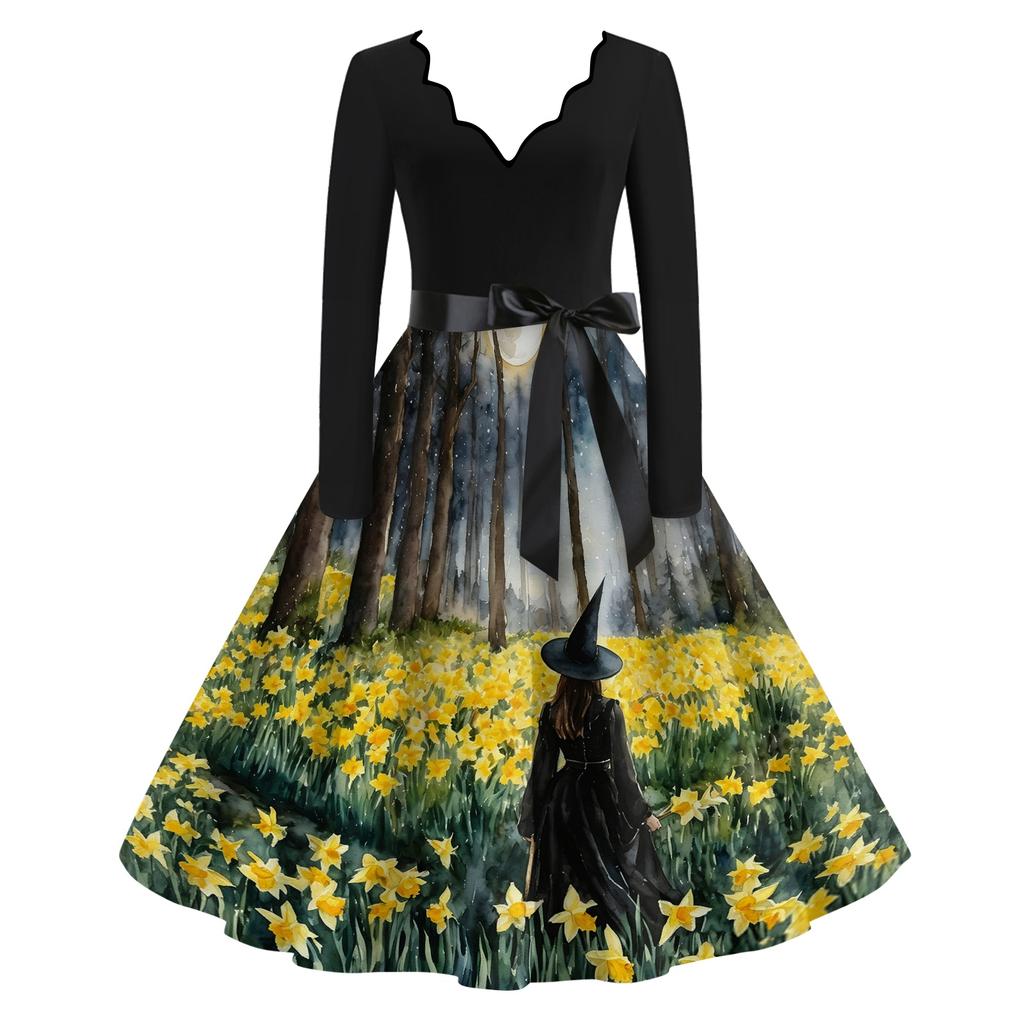 Women's Vintage Long Sleeve V-Neck Halloween Witch Print Party Dress