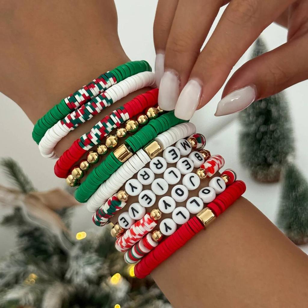 Salircon Cute Christmas Soft Ceramic Elastic Bead Bracelet Set for Women Trendy Simple Rope Chain Bangle Couple New Jewelry Gift