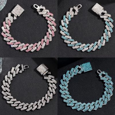 Fashion Pink Blue Iced Out Crystal Prong Cuban Link Chain Bracelet for Women Bling Rhinestone Cuban Bracelets Hip Hop Jewelry
