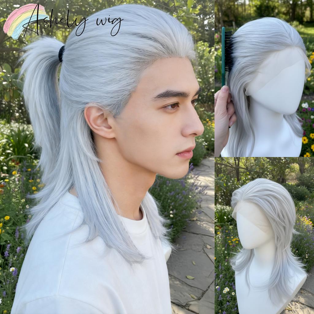 Ashely Sliver Gray Wig Cosplay Shoulder Length Mullet Wigs Layers Ponytail 13x4 Synthetic Lace Front Wig for Women Glueless Wigs