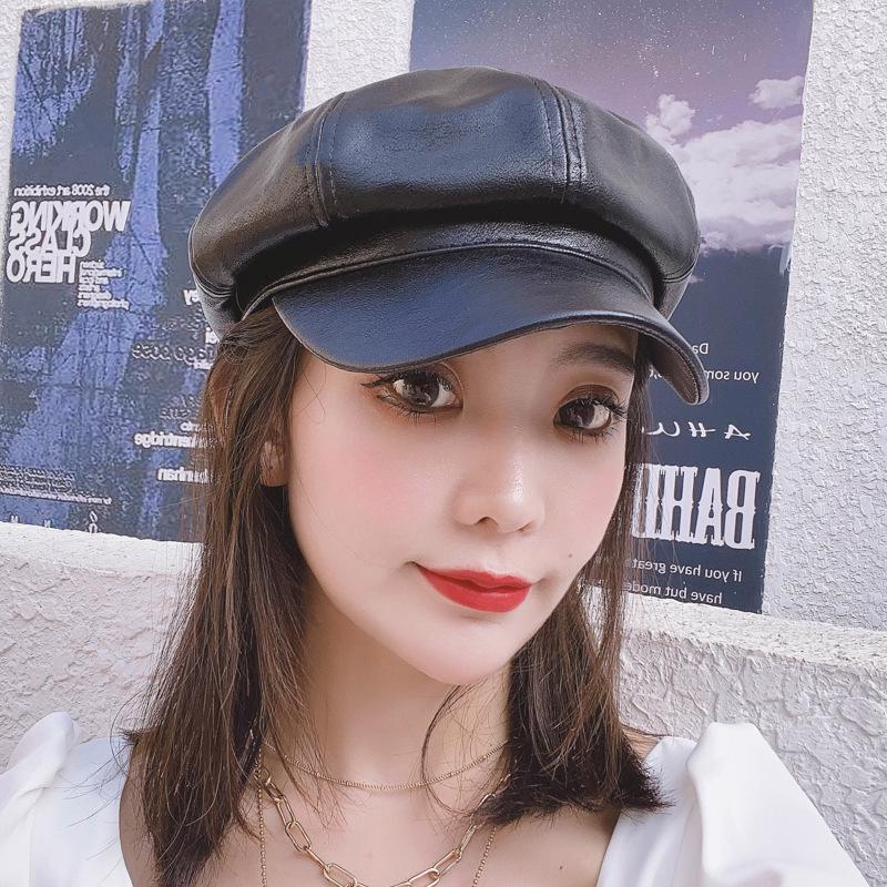 Women's Autumn/Winter Korean-Style PU Beret: Trendy Solid Color Octagonal Hat