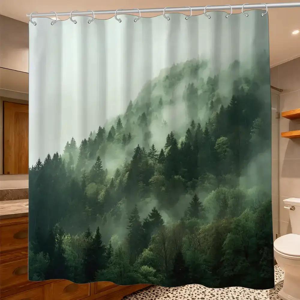 Landscape Photography Shower Curtain – Mountain Lake Scene, 12 Hooks, 70.87X70.87  Nature-Inspired Bathroom Decor W60H190(CM)-1 Pcs