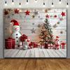 2D Christmas Snowman Scene Backdrop, White Wood & Red Gift Photography Background