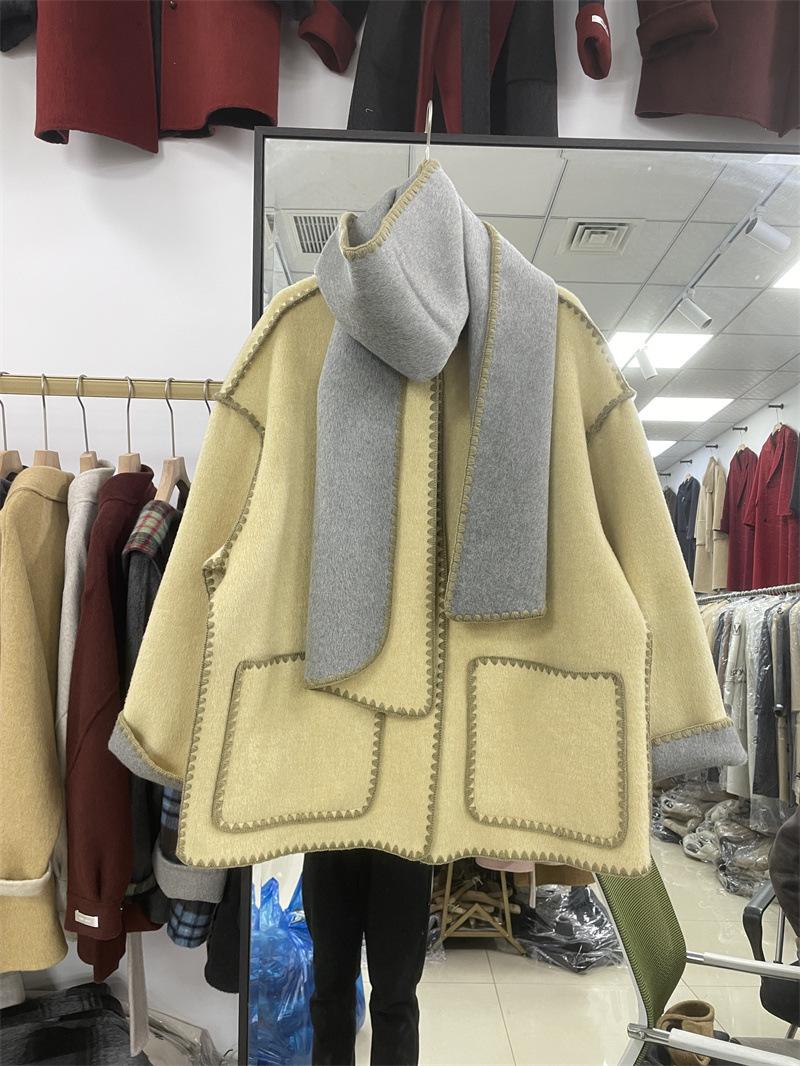 

Autumn and winter new woven hook edge with scarf loose coat AB face woolen jacket women s lazy style casual versatile S світло-жовтого кольору