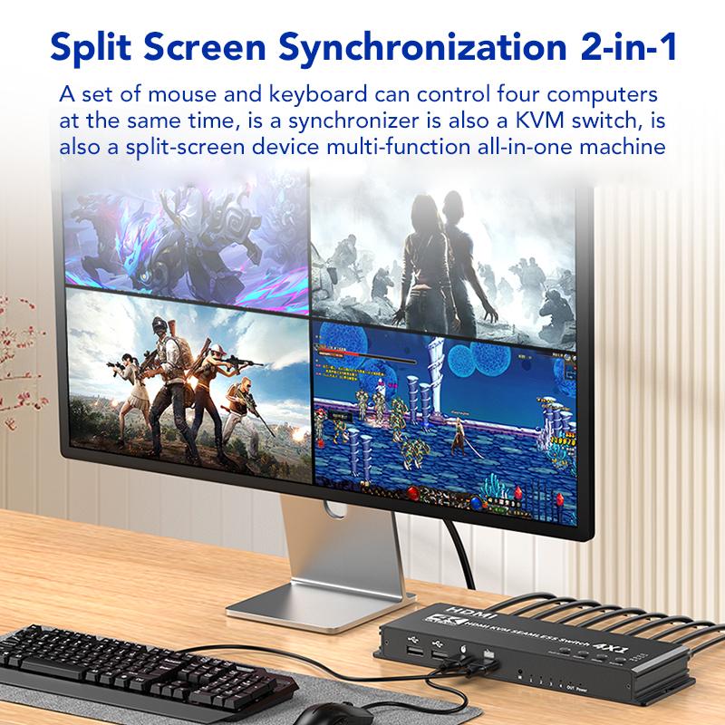 SYONG 4 in 1 Out 4K KVM HDMI Nahtloser Quad-Bildschirm Echtzeit Multi-Viewer HDMI KVM-Switch, Maus und Tastatur für Monitor teilen