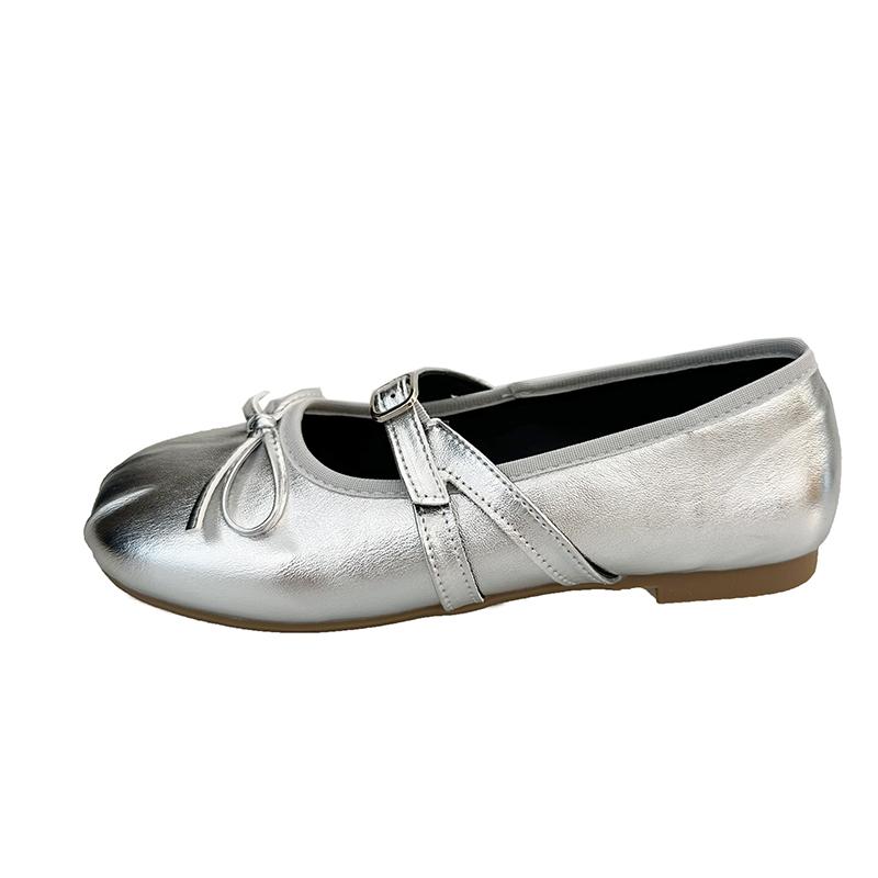 

Fashion 2025 New Round Toe Spring Butterfly-knot Women Mary Jane Shoes Comfort Soft Sole Flats Ladies Casual Dress Ballerina Footwear 40 серебряный