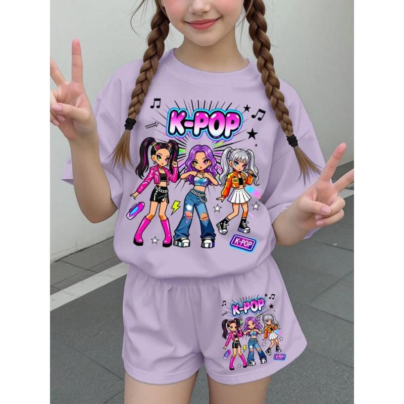 Kpop Cartoon Graphic Girls T-Shirt and Pants Set Girls' Summer Clothing Cute Short Sleeve Set Children's T-Shirt and Shorts Set