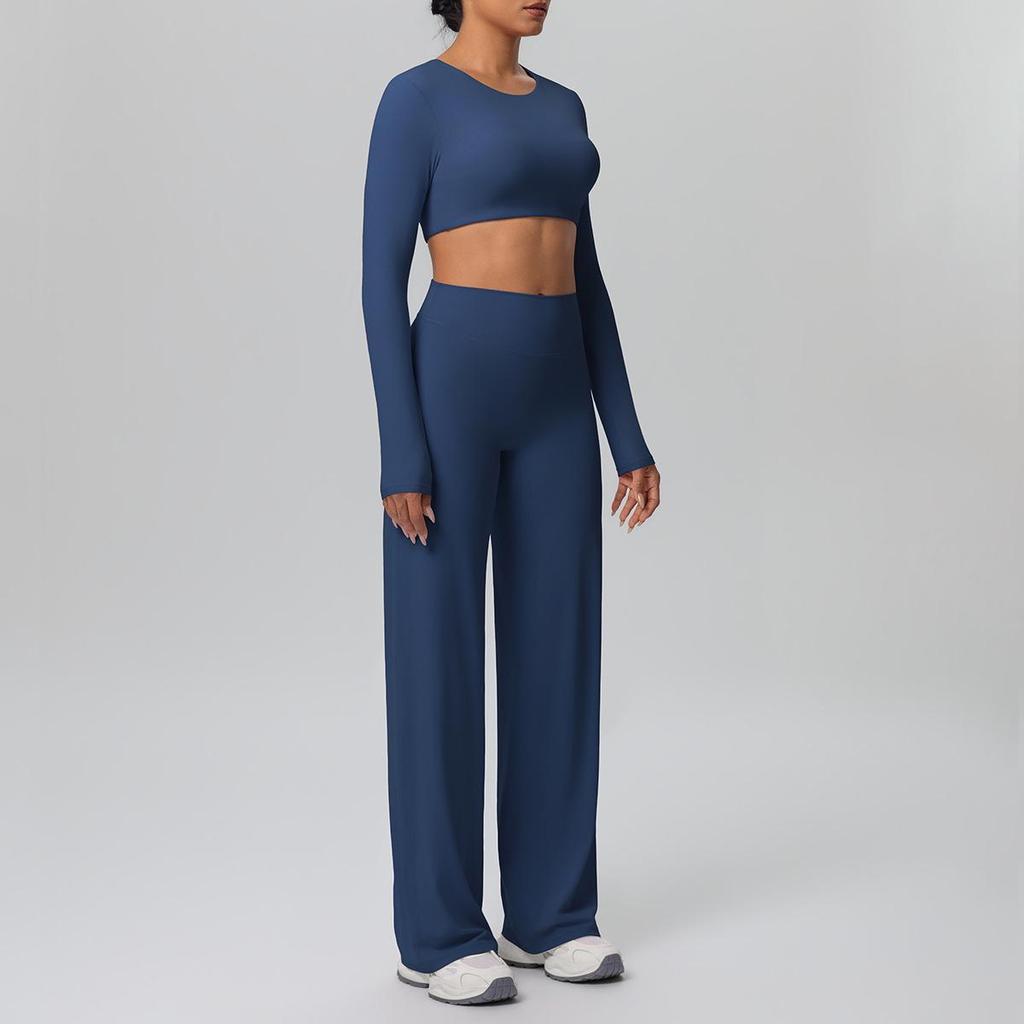 European Sportswear Yoga Set: Long Sleeve Top with Chest Pads and Breathable Straight-Leg Pants for Women
