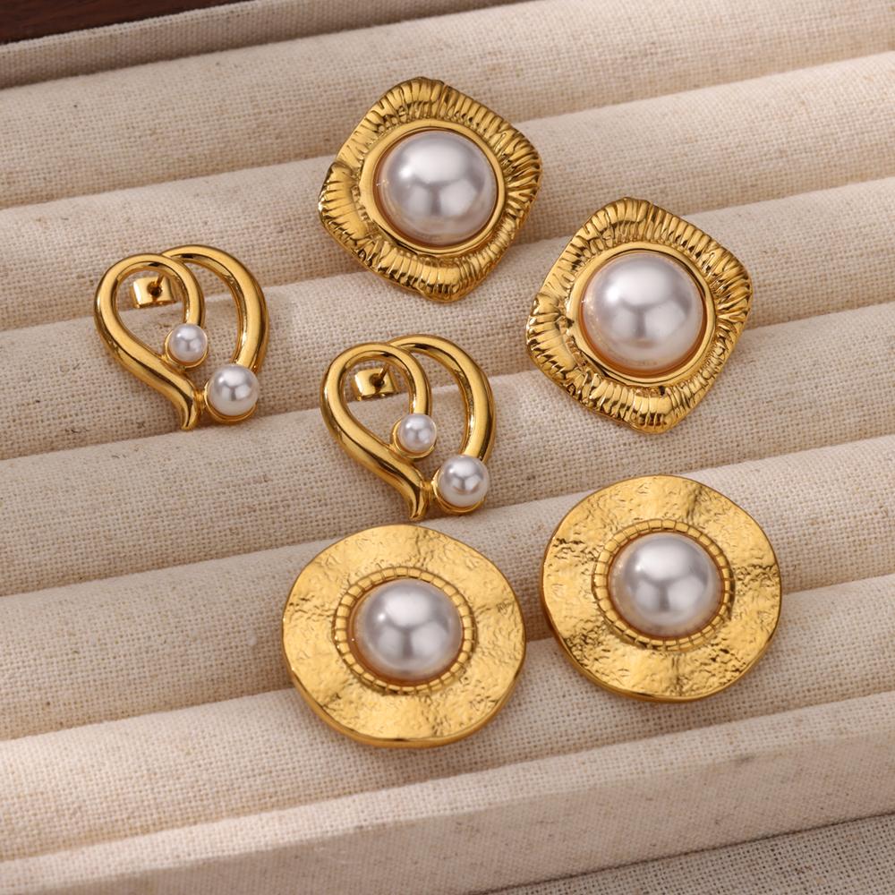 Elegant Imitation Pearl Stainless Steel Earring for Women Gold Color Large Stud Earring Anti Fading Wedding Party Charm Jewelry