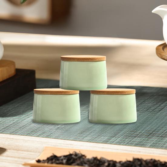 Ceramic Tea Canister with Bamboo Lid Airtight Tea Herb Storage Jar 20g Capacity Spice Box Case Organizer for Coffee Beans Cosmetics