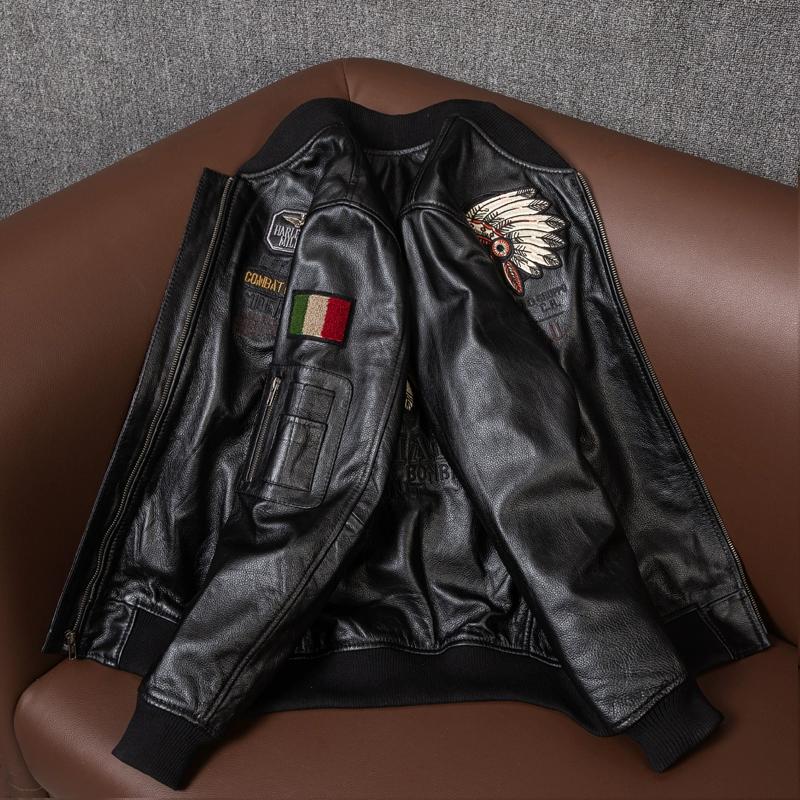 Genuine Leather Baseball Jacket Mens Indian Style Biker Coat Autumn Outerwear Large Size Pure Cowhide