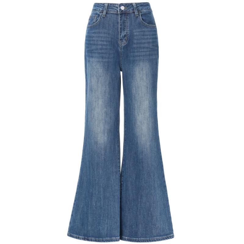 American retro blue non-stick leg slightly pulled jeans women's autumn new high-waisted loose wide-leg flared pants