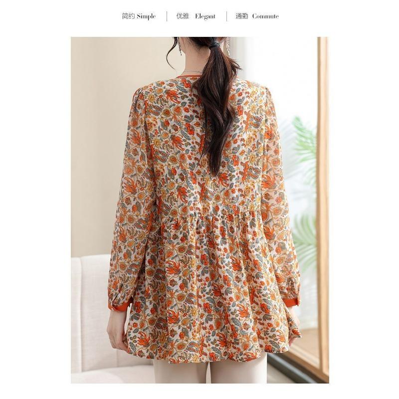 Womens Orange Floral Print V Neck Long Sleeve Blouse