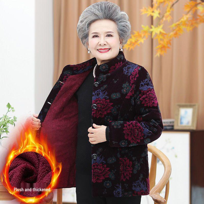 Fleece-Lined Winter Jacket for Middle-Aged and Elderly Women: Grandma Style, Thickened Cotton, Two-Piece Set (Top and Jacket).
