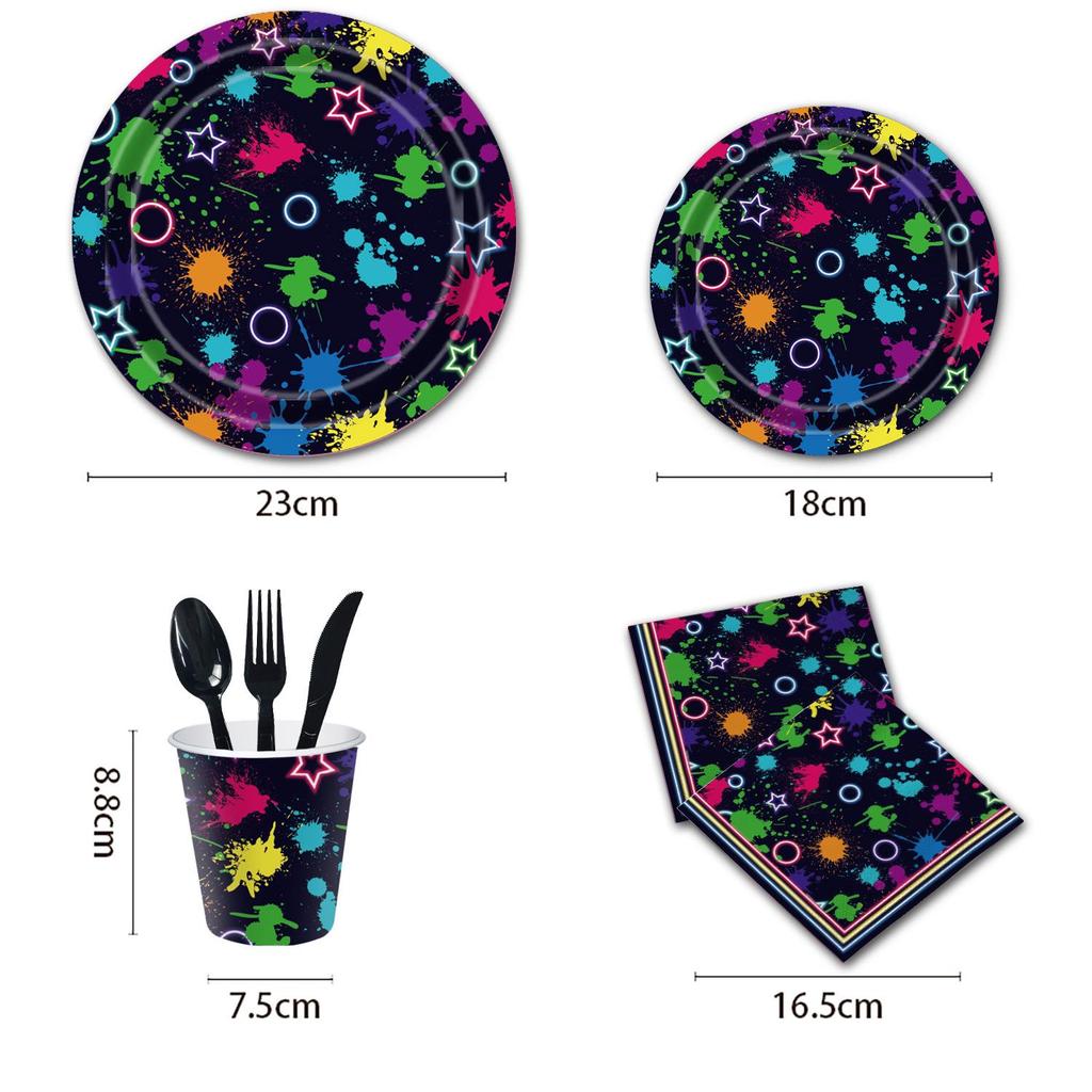 Neon Party Set: Disposable Napkins, Paper Plates, Cutlery, Bunting, Tablecloth, and Decorations