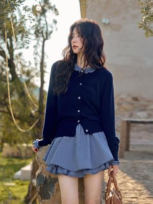 Yimeng 2025 Herbst Koreanischer Stil Marineblau Petite Strickjacke