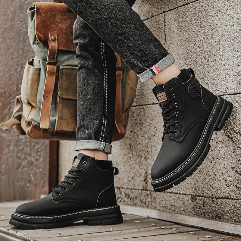 Men's High Top Versatile Casual Shoes Trendy New Outdoor Black Thick Soled Casual Motorcycle Boots New  Chelsea Boots Men