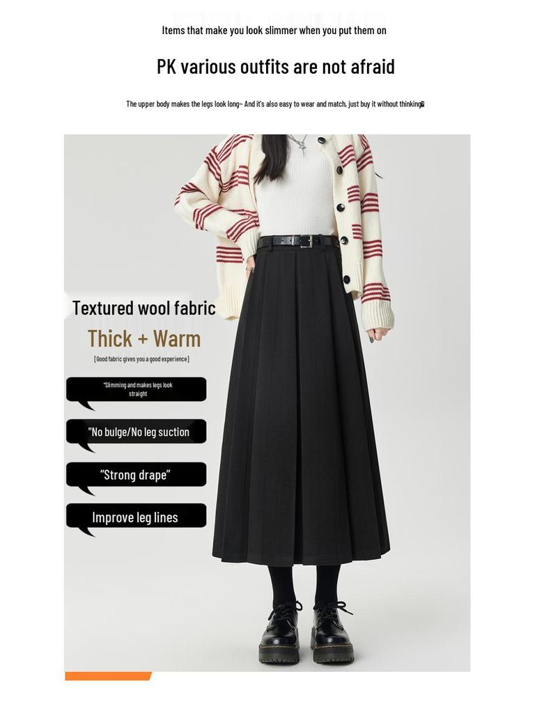 Autumn/Winter 2025 High-Waist Pleated A-Line Skirt - Slimming Woolen Mid-Length for Women
