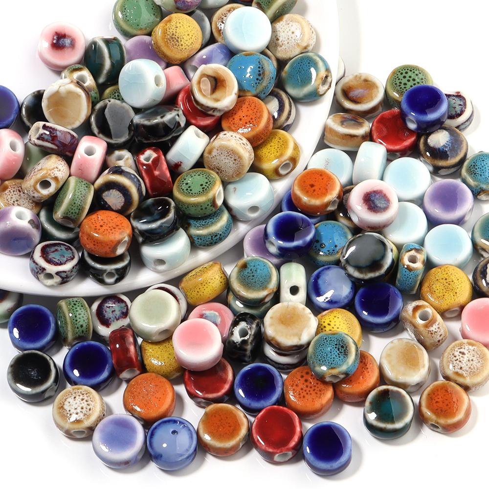 10pcs/lot 12mm Colorful Floral Glaze Ceramic Beads Flat Round Loose Beads for DIY Jewelry Making Bracelet Necklace Accessories