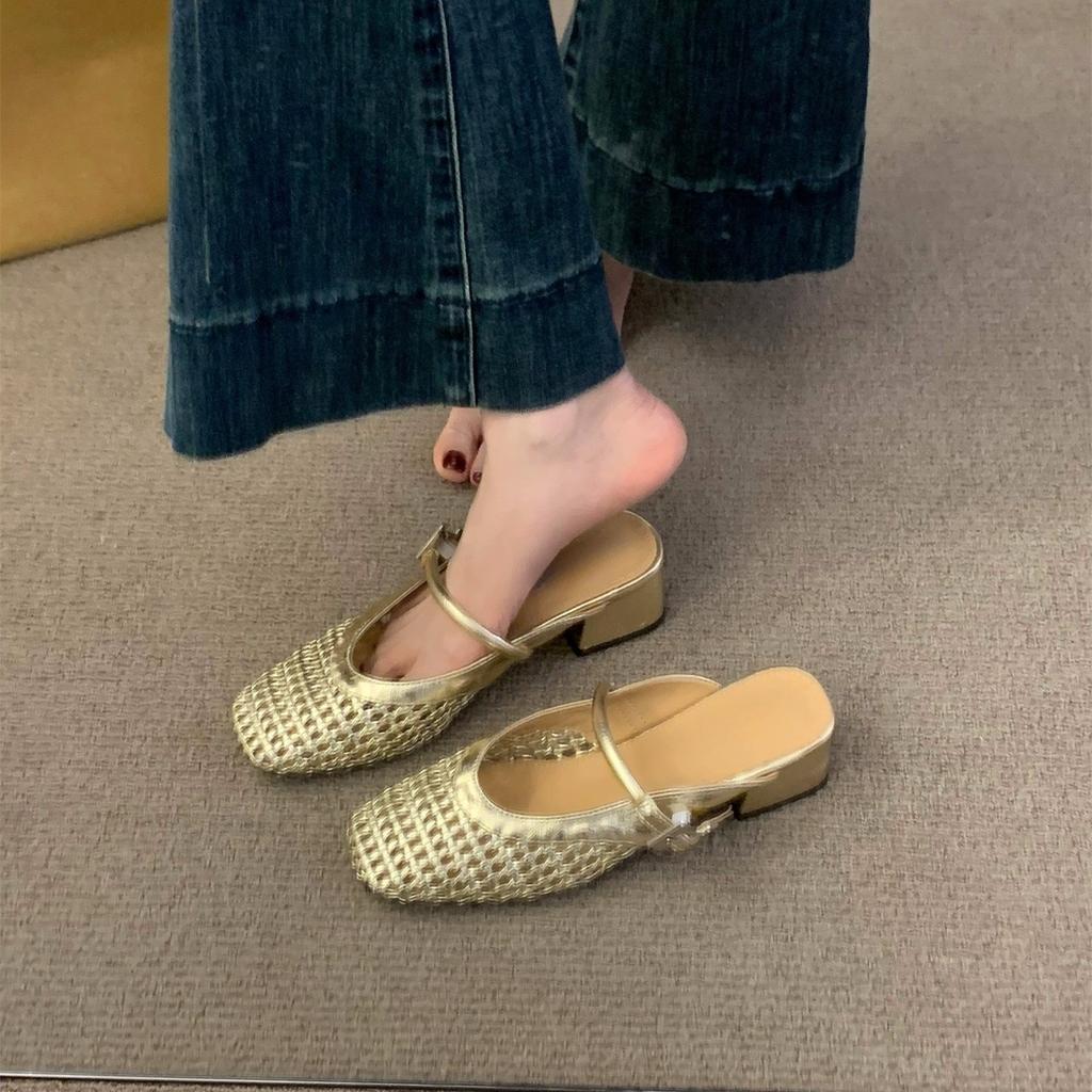 Golden woven mesh bag head half slippers women's shoes outer wear 2025 summer medium and high heel Mary Jane half tray single shoes