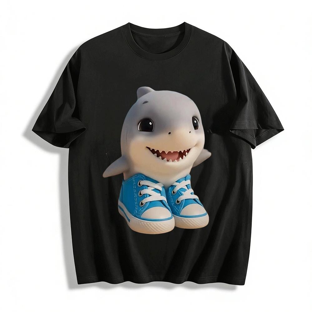 Cute Shark In Canvas Shoes Print Casual Unisex Top Pure cotton T-shirt XXS