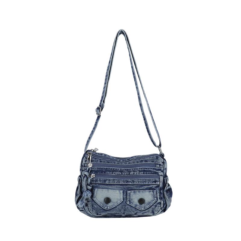 Washed Denim Crossbody Bag with Dual Flap Front Pockets Casual Shoulder Purse for Women Daily Travel