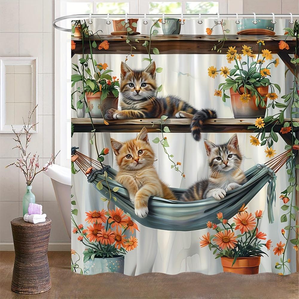 Kitten's Leisure Time series shower curtain, with flower waterproof shower curtain, adds a cute and whimsical feeling