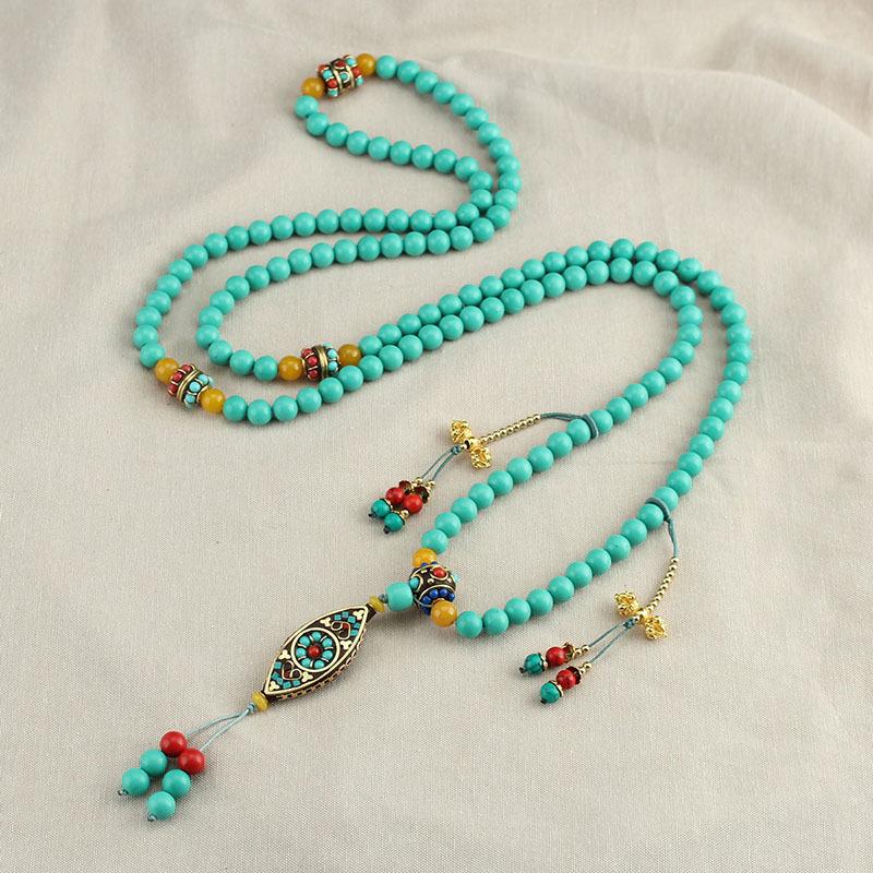 GEMCHIC Women s Chinese Style Turquoise Tassel Long Beaded Necklace Back Chain Retro Bohemian Pendant