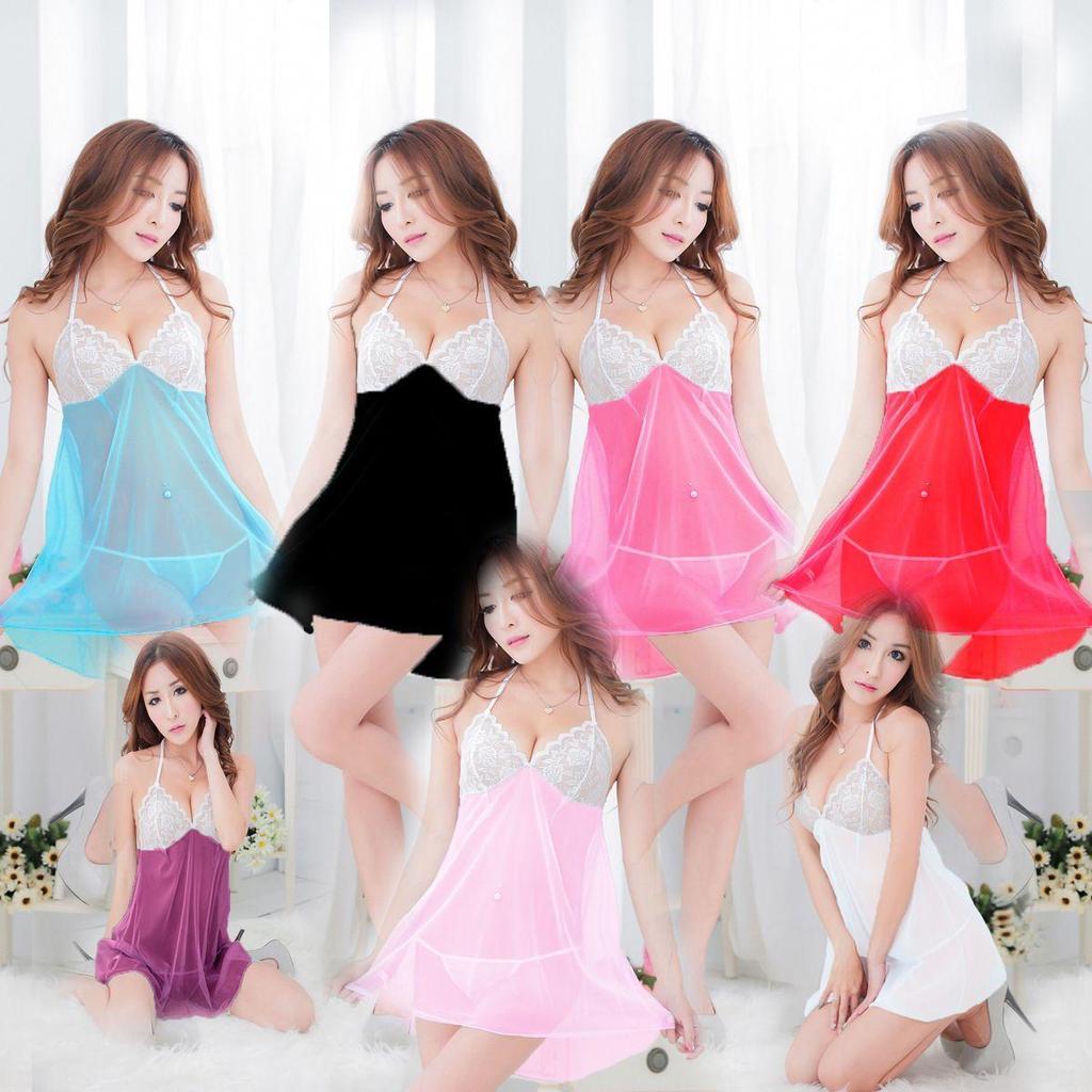Sexy Lace Nightwear Erotic Lingerie Sleepwear Women Summer Sleep Dress Halter Backless Babydoll