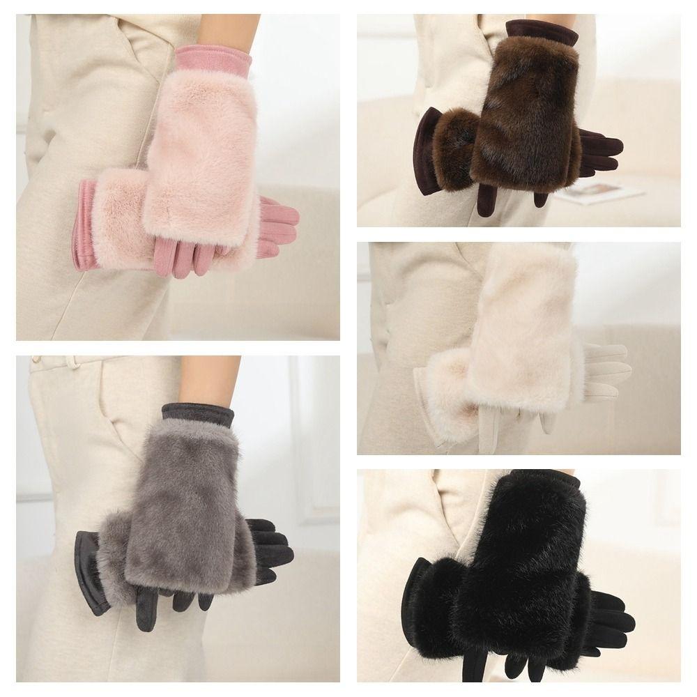 Solid Color Women Winter Gloves Rabbit Faux Fur Thermal Mittens Fashion Suede Gloves Girl