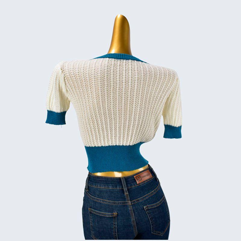 V Neck Summer Breasted Short Sleeve Contrast Color Slim Fit Stretch Puff Sleeves Women's Clothing Cardigan Jacket