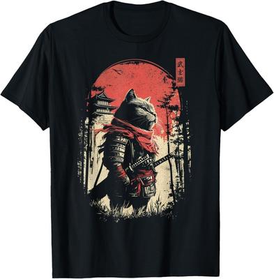 Vintage Samurai Katze Japanische Katzenkunst Anime Herren Damen T-Shirt