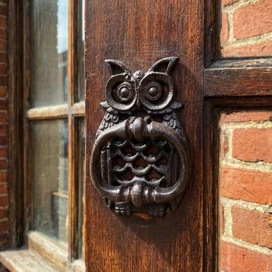 Huaqianguhh Retro Owl Door Knocker, Wrought Iron Hollow Carved Wall Decor, Multi-use Thickened Rustproof Cabinet Pull Handle, Pre-Drilled Holes