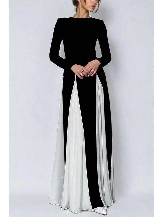 European and American Color-Block Long-Sleeve Women's Party Dress - Casual and Loose Fit