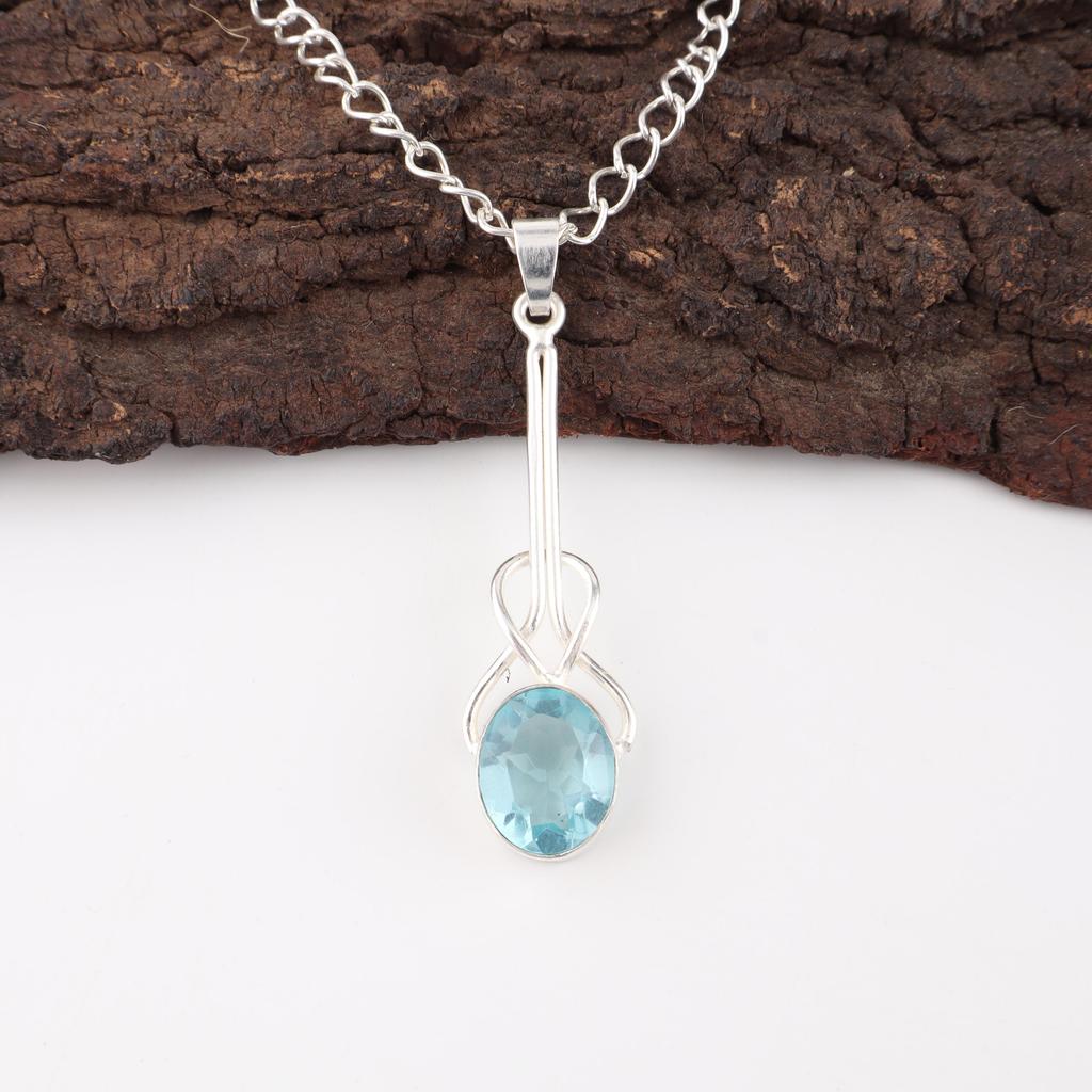 Himmelblauer Topas Edelsteinanhänger, Handgefertigter Wunderschöner Schmuck, 925 Massiv Sterling Silber Kunsthandwerksschmuck, Anhänger für Hochzeitsgeschenk