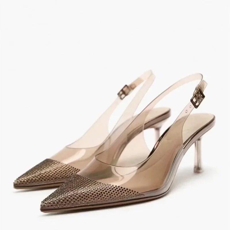 Women's Pointed Head High Heeled Sandals Summer 2024 Sexy Woman Shoes Fashion Pearl Decoration Slingback Woman Pumps
