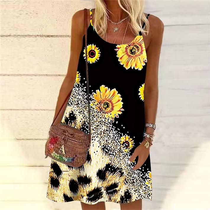 

Женское мини-платье с цветочным леопардовым принтом, вечернее платье без рукавов, летнее пляжное платье, сарафан 8XL чёрный