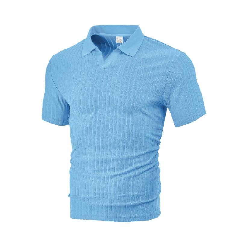 

Мужская летняя повседневная дышащая махровая жаккардовая ткань лацкан мужская полосатая рубашка с коротким рукавом XXXL светло-синий