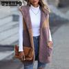 Herbst Damen Kapuzenärmelloser Farbblock-Taschenknopfloser Midilanger Cardigan Bubble-Fleece-Jacke